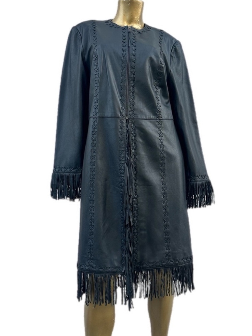 Double D Ranch Black Leather Fringe Coat Whipstitch Western Long Jacket Size M